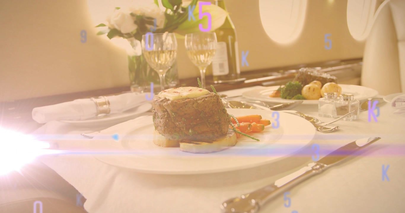 Flare emerging causing pastel symbols drifting over beef steak-and-carrots plate, cycling hues