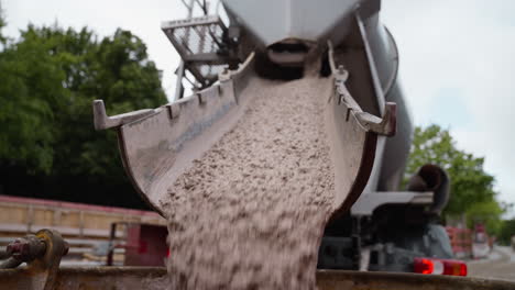 concrete flows from cement mixer chute, emphasizing construction process. perfect for urban development projects or educational content on building techniques