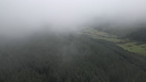 Drone-shot-of-an-Irish-valley-with-low-lying-clouds-and-a-forest