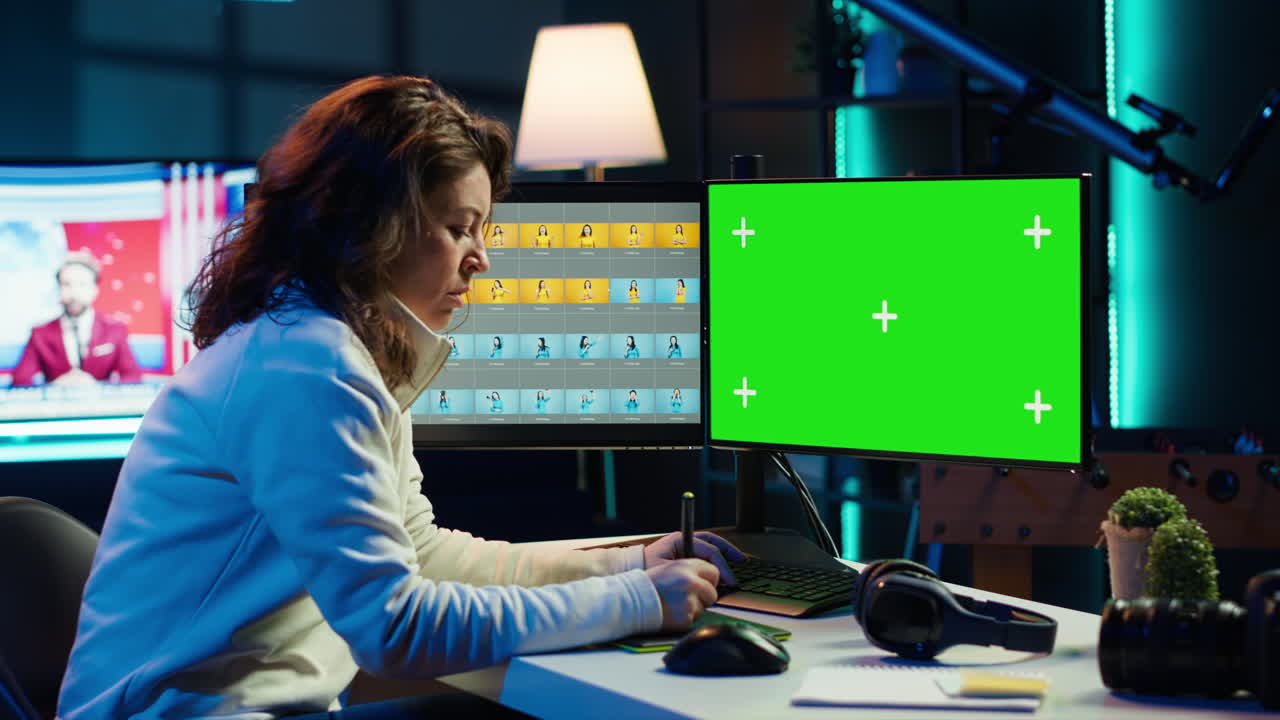 editor de fotos con monitor de pantalla verde y tableta gráfica
