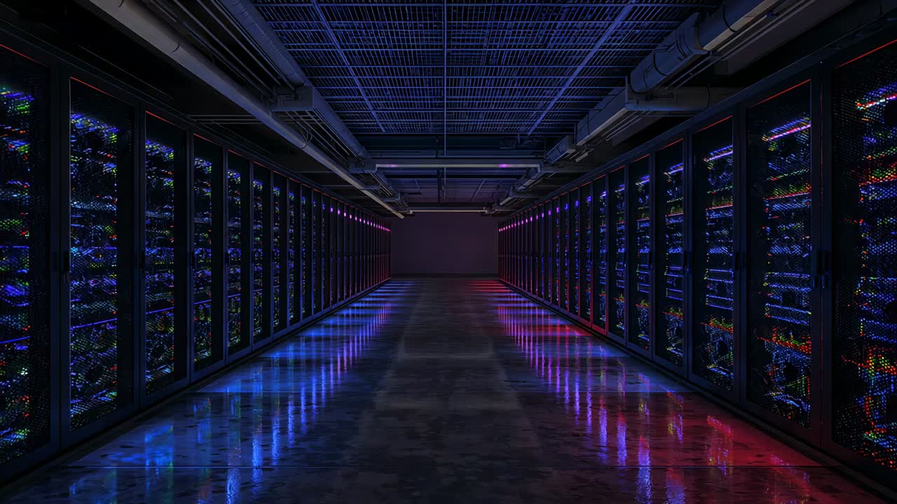 Pulsing LED signals initiating color shifts along server aisle reflecting on polished floor