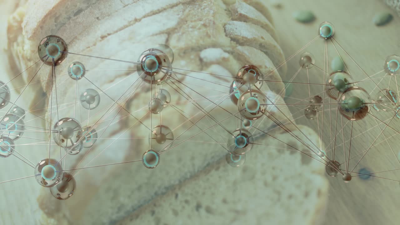 Materializing at left 3D molecular network moving across loaf slices pulsing and highlighting seeds