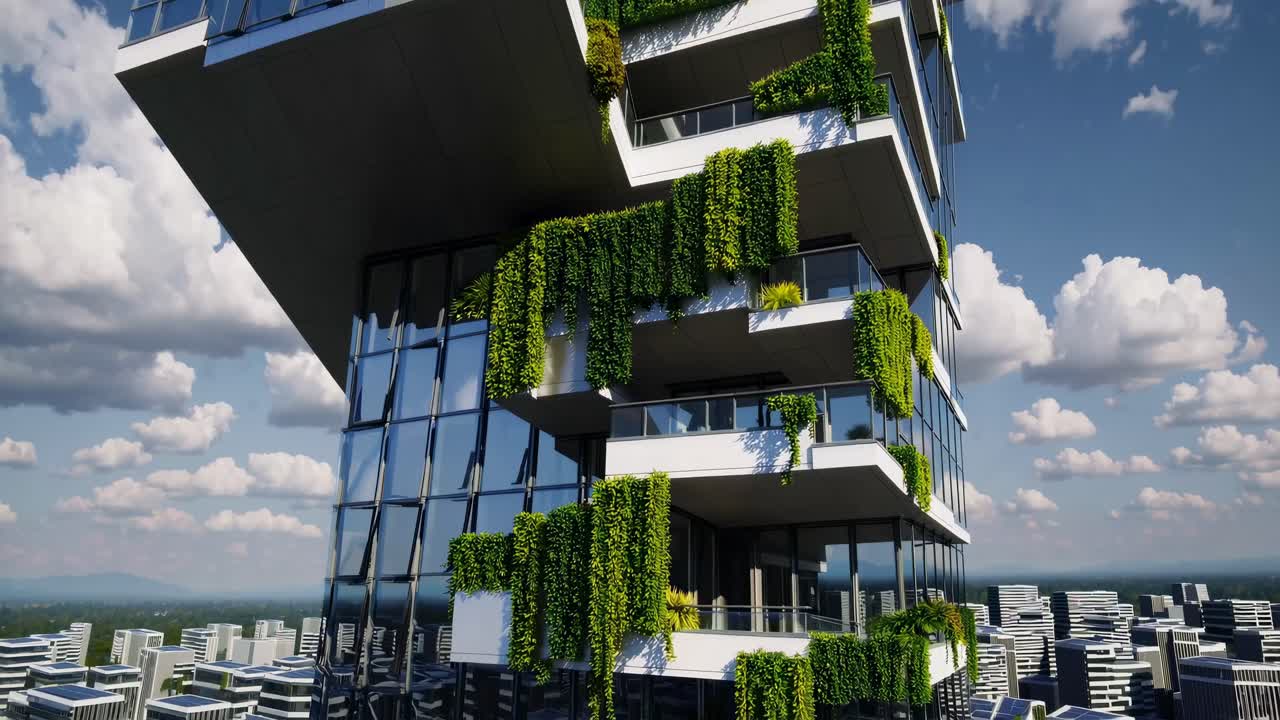 Video aéreo de un rascacielos moderno con jardines verticales, mostrando arquitectura ecológica.
