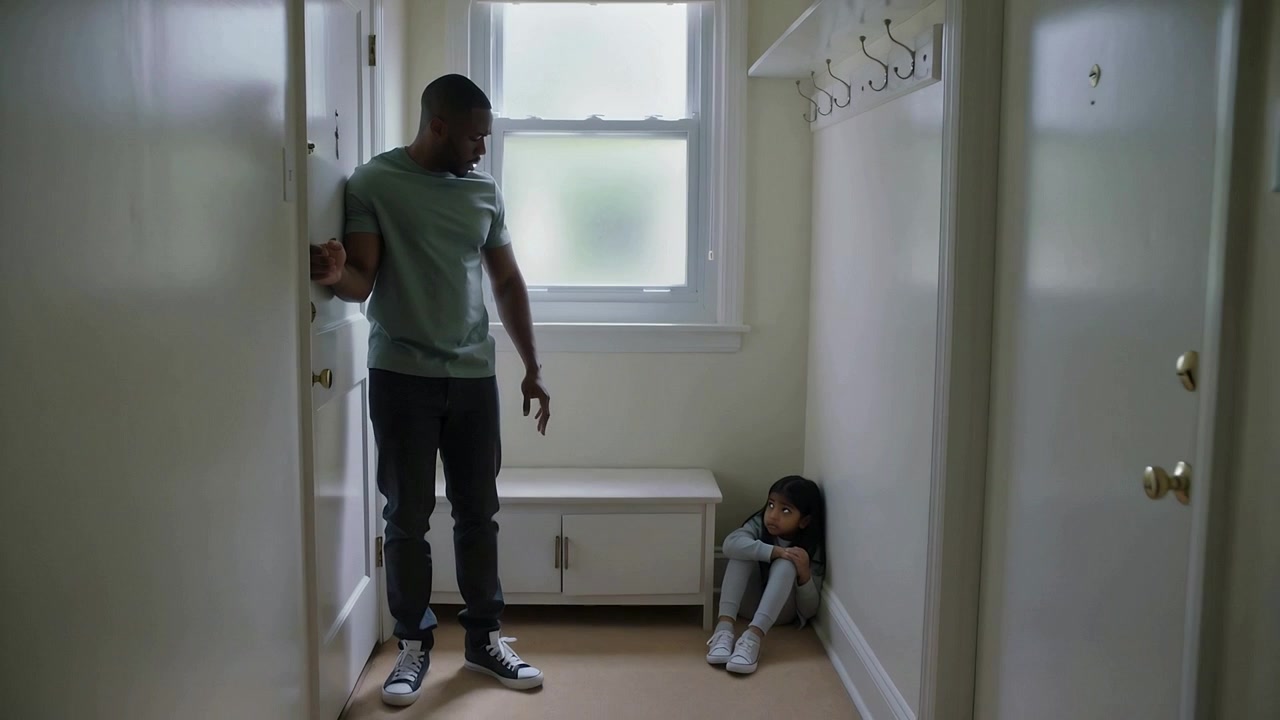 Opening door, noticing seated girl, man with green tee reaching to check at entryway, copy space