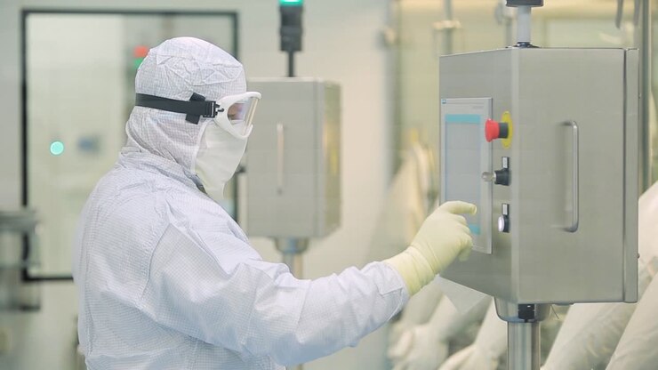Worker Operating Control Panel in Pharmaceutical Manufacturing Facility