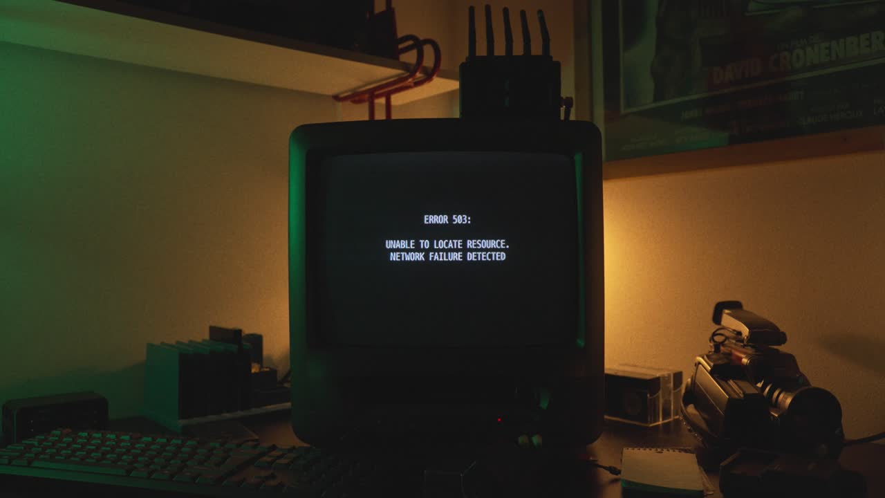 Retro terminal displays boot sequence with dim VHS camcorder and moody side light, error 503 unable to locate resource, network failure