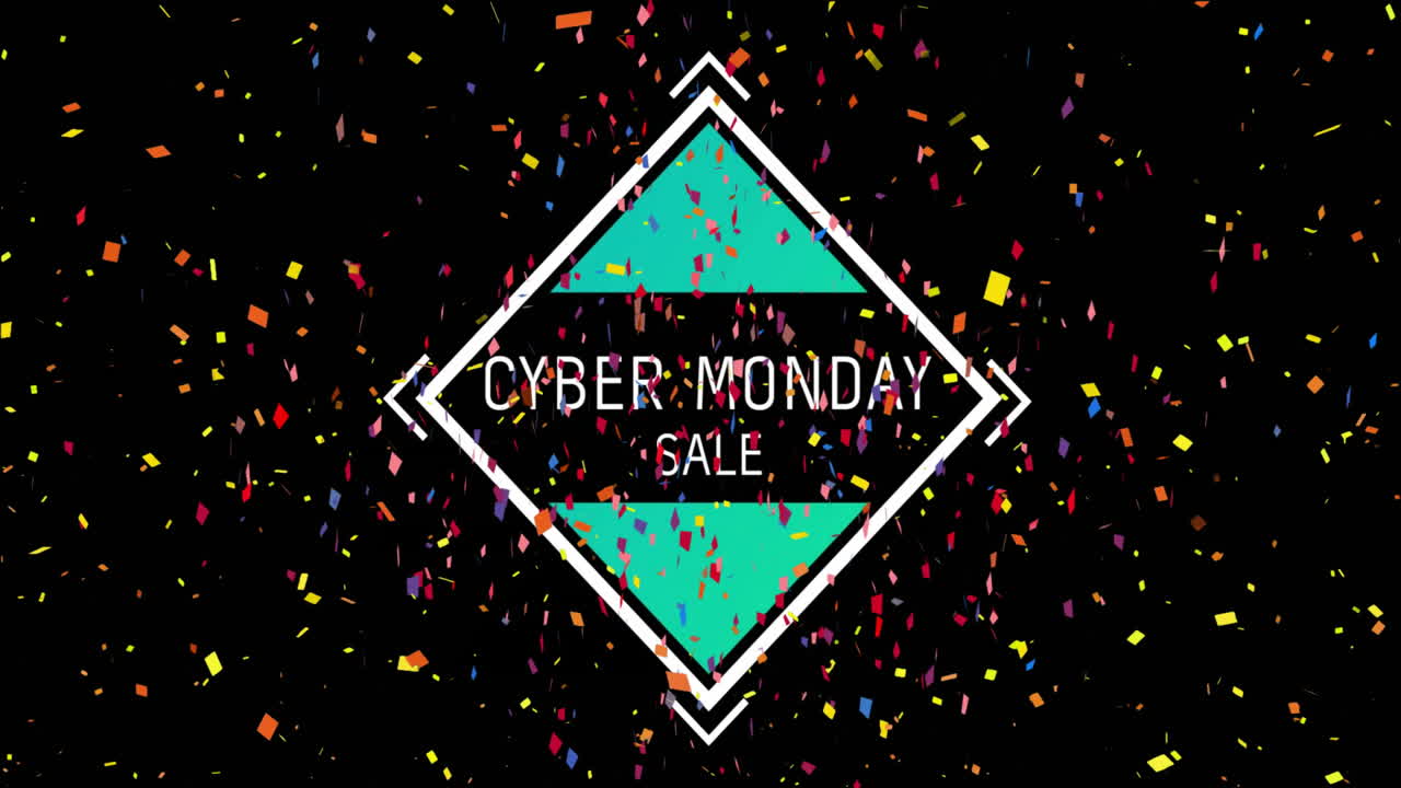 Cyber Monday Sale text animation over colorful confetti on black background
