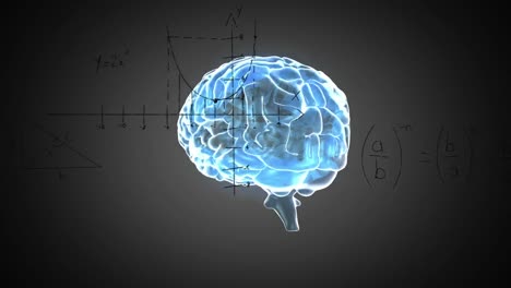 animación de ecuaciones matemáticas y diagramas sobre el cerebro humano iluminado sobre un fondo negro.