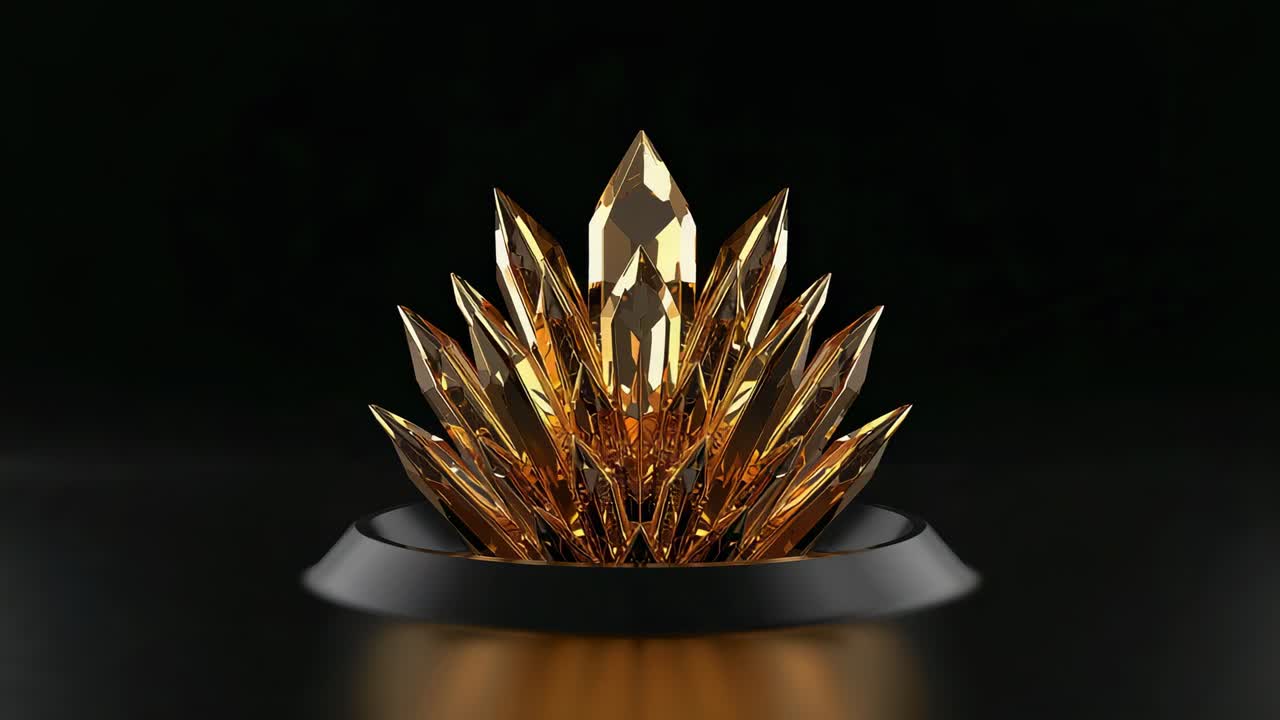 Rising gold crystal cluster unfolding on plinth while camera approaching, revealing polished facets