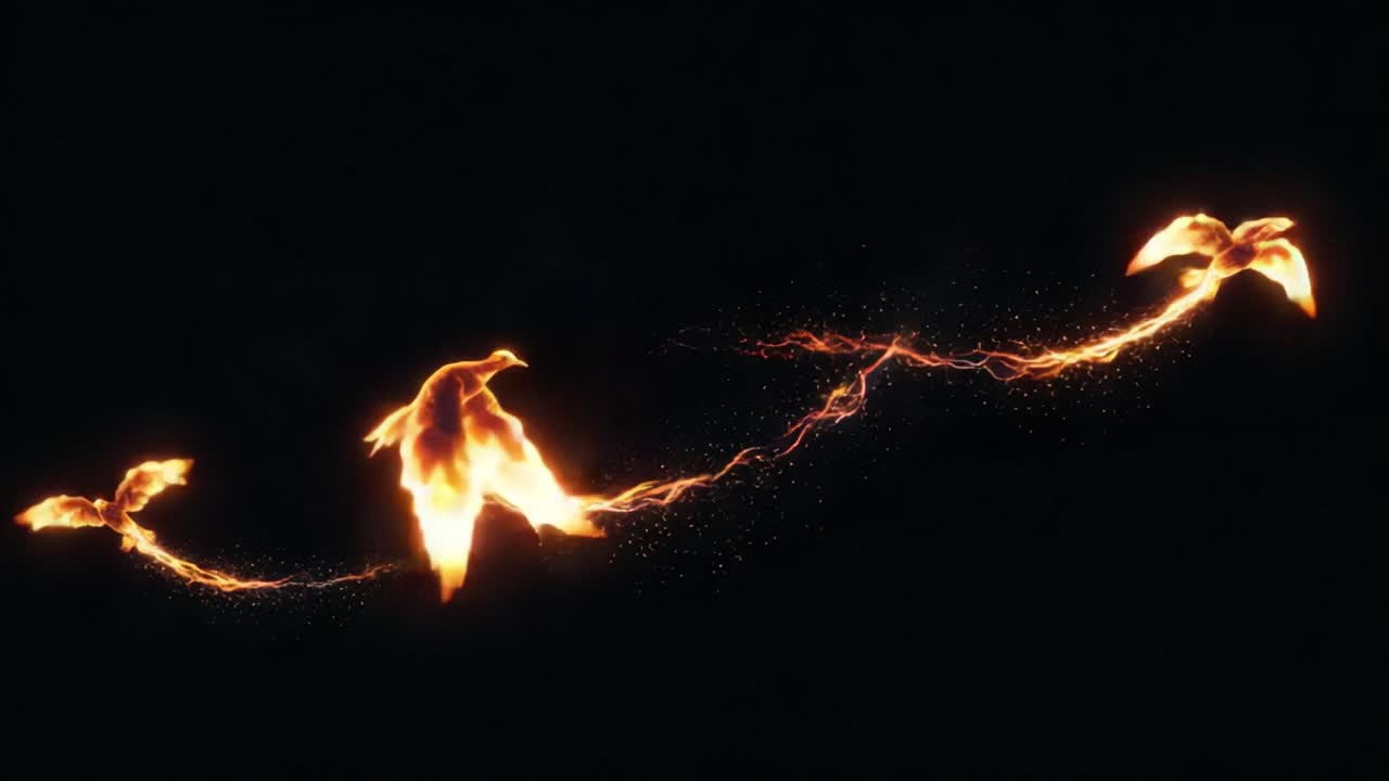 Dynamic Transition of Fiery Birds: Captivating Imagery Depicting the Elegant Movement of Ethereal Flame-like Creatures Against a Dark Background