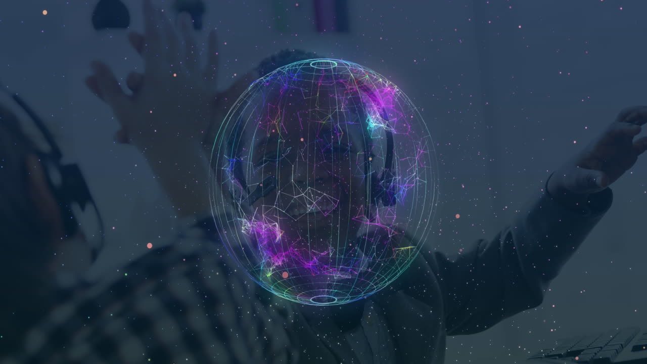 Animación digital sobre jóvenes felices usando auriculares