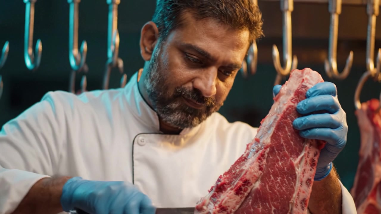 Um Açougueiro Habilidoso Prepara Cuidadosamente Cortes de Carne Premium, Demonstrando Precisão e Expertise na Arte da Açougue sob Iluminação Suave e Ambiente Focado