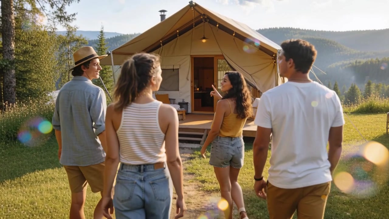 Avvistando una tenda da glamping rialzata, quattro adulti camminano verso un portico nel prato, un uomo con un cappello di paglia indica