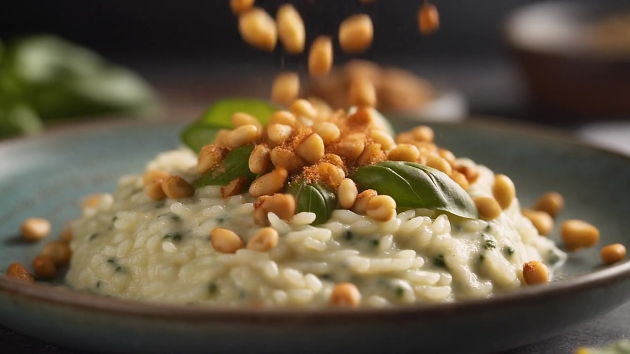 Pinoli che cadono su risotto cremoso con basilico fresco