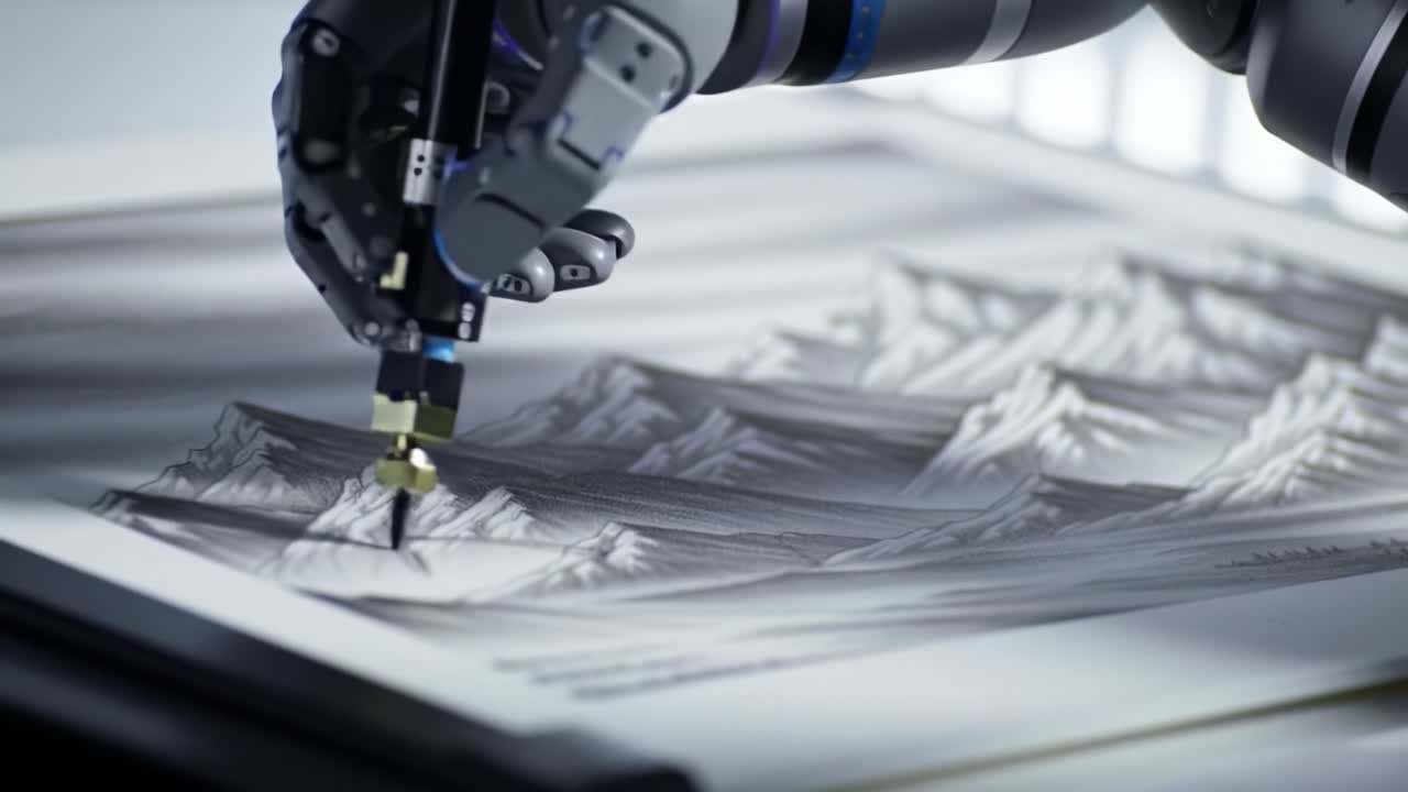A Robotic Hand Skillfully Creating Detailed Landscape Illustrations on Paper, Showcasing the Intersection of Art and Technology in Modern Creativity