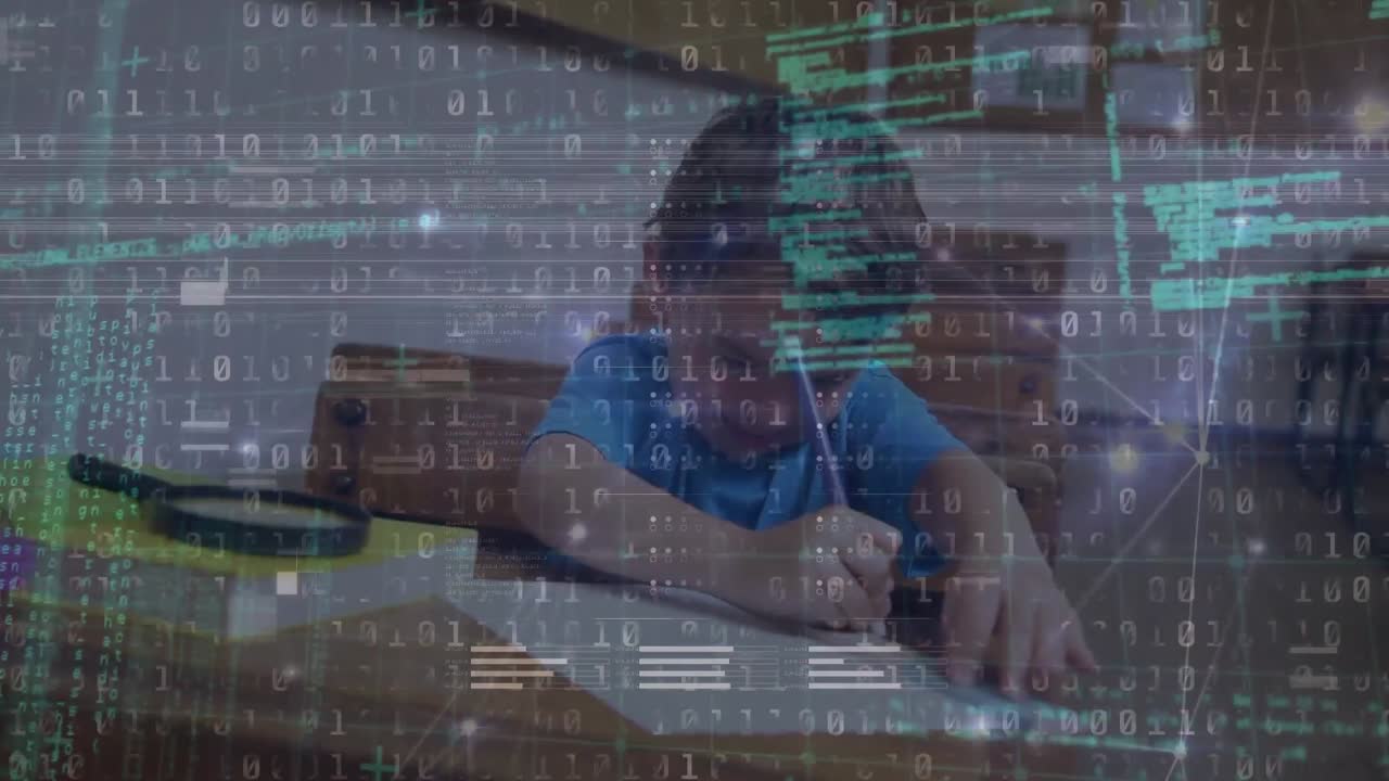 Animation of data processing over caucasian schoolboy