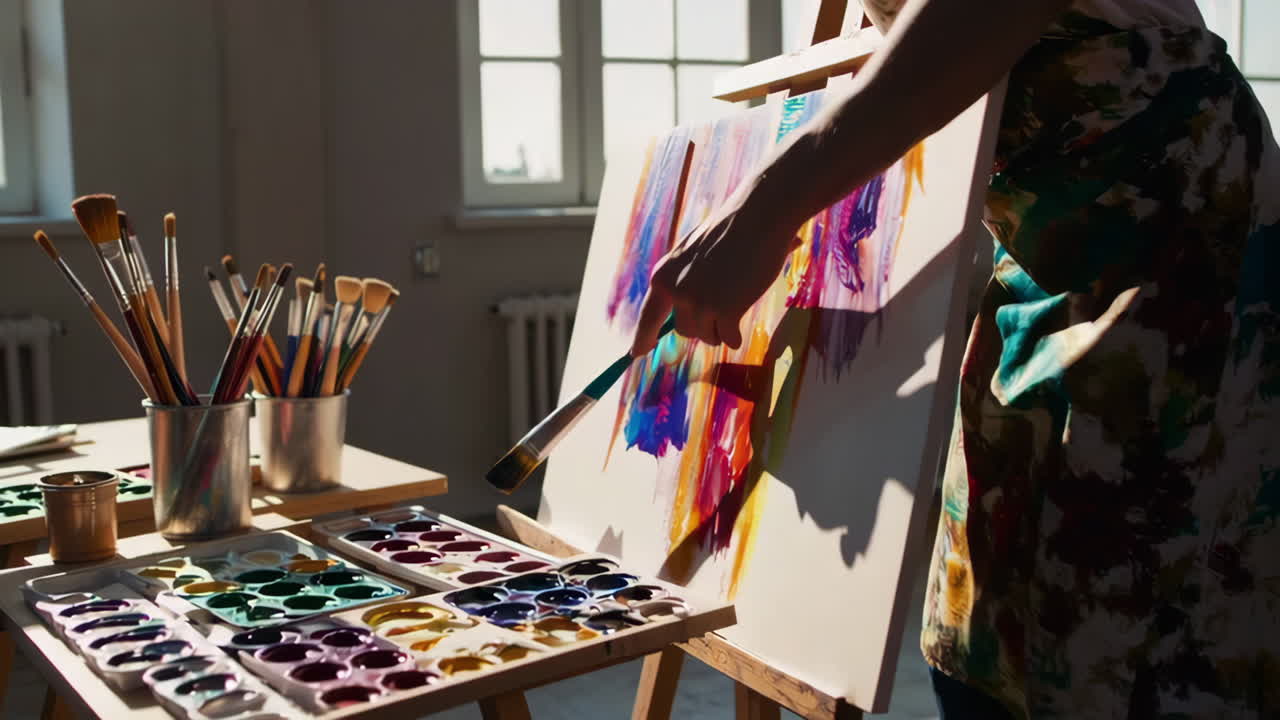 스튜디오에서 그림 그리는 예술가