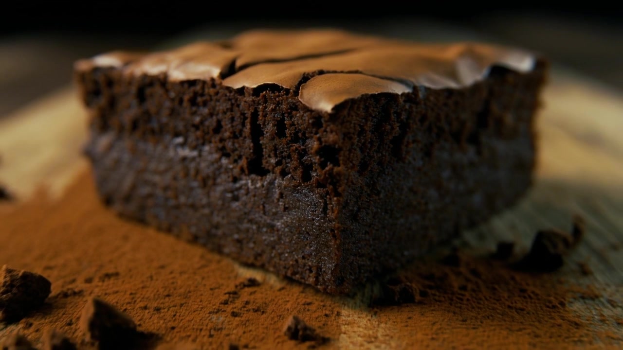Nærbilde av en rik sjokoladebrownie på et trefjøl