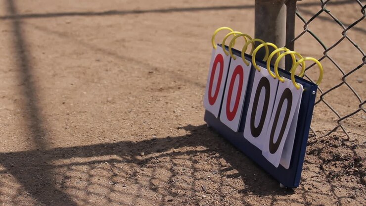 Tabellone segnapunti mosso dal vento durante una partita di baseball, softball o kickball.
