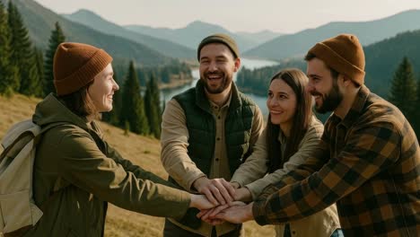 a group of friends in a mountain landscape, smiling and stacking hands