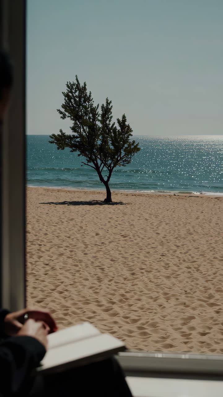 Beach View Window with Person Writing