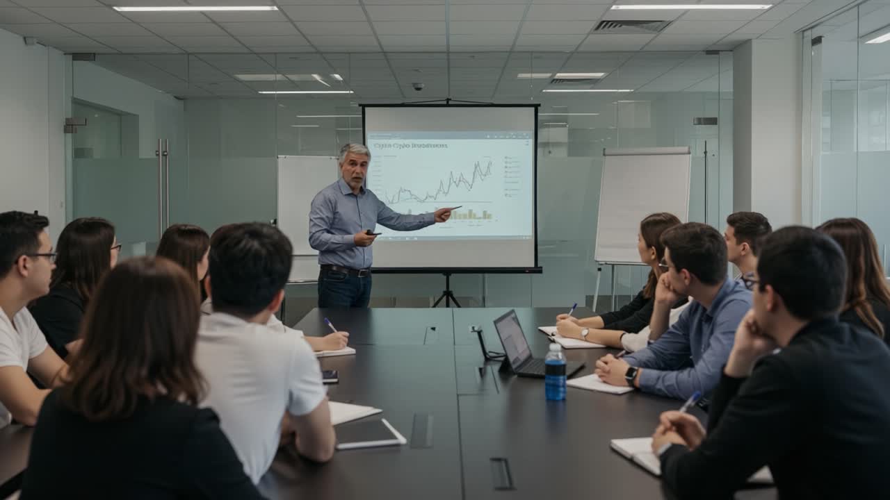 Engaging Business Presentation: A Leader Discusses Growth Trends and Strategies with Attentive Team in a Modern Conference Room Setting