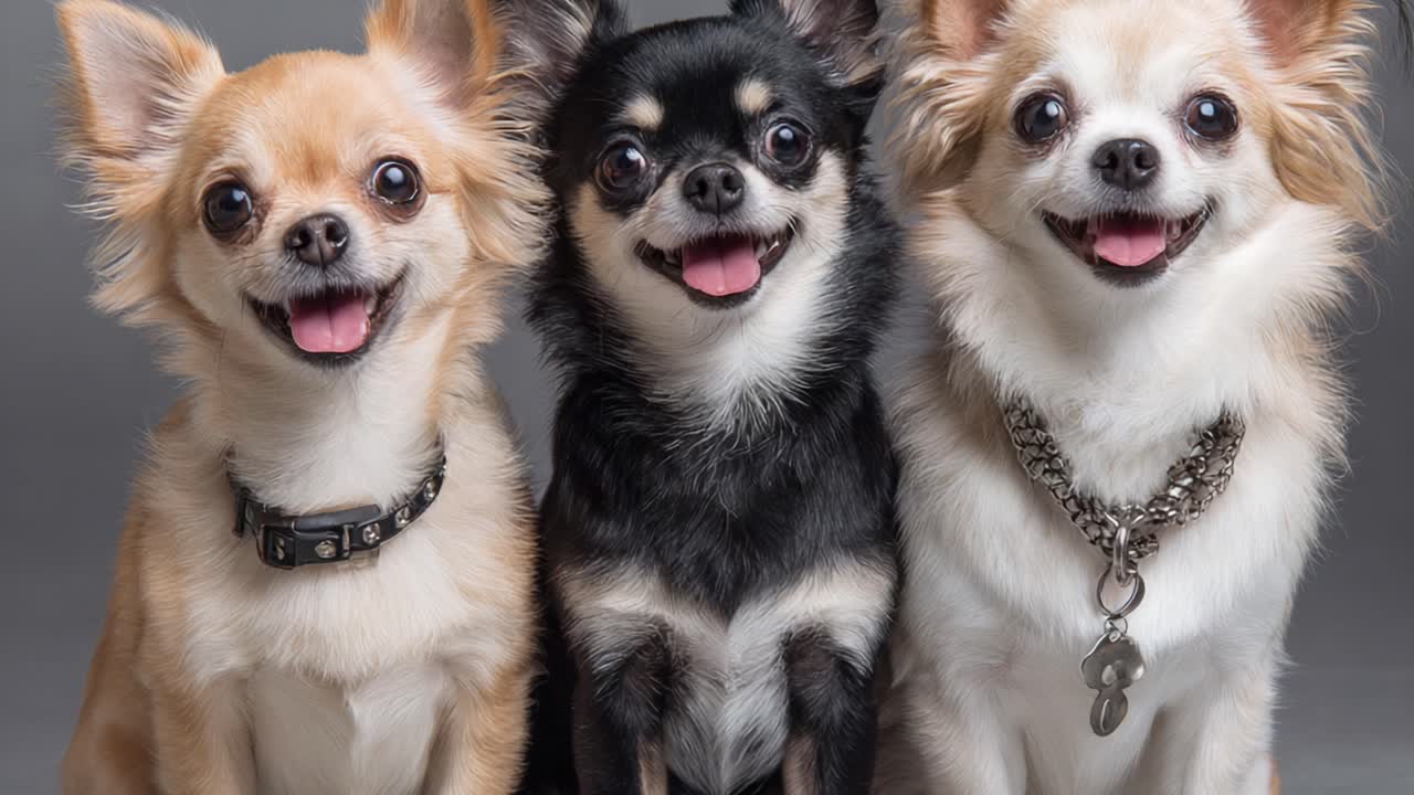 A Joyful Trio of Adorable Chihuahuas Smiling Cheerfully at the Camera, Showcasing Their Unique Personalities and Delightful Expressions in a Fun Portrait