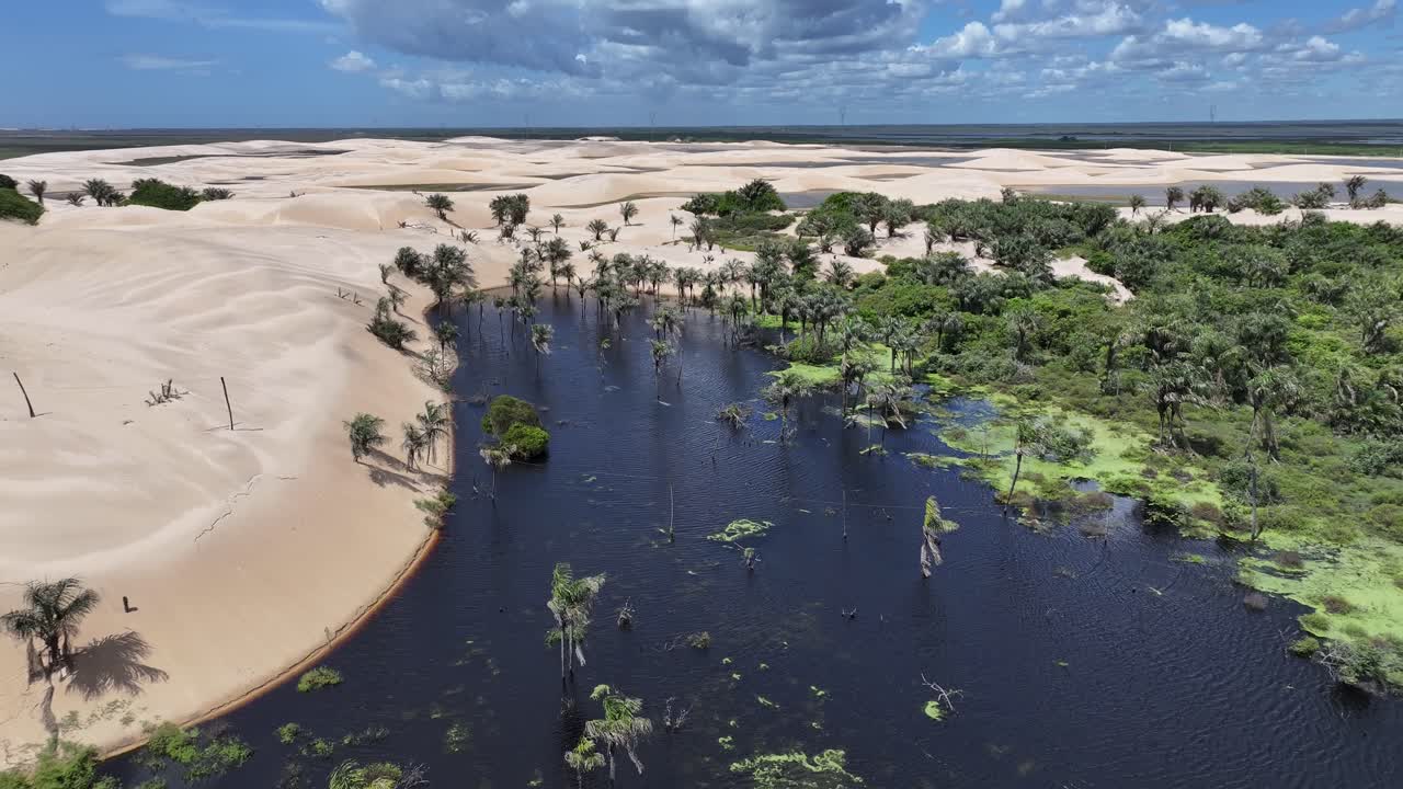 Horizonte de Paulino Neves en Paulino Neves, Maranhão, Brasil. Pequeñas láminas de agua naturales. Dunas de arena serpenteantes. Lagos de agua de lluvia. Hermosas dunas altas. Viajes tropicales