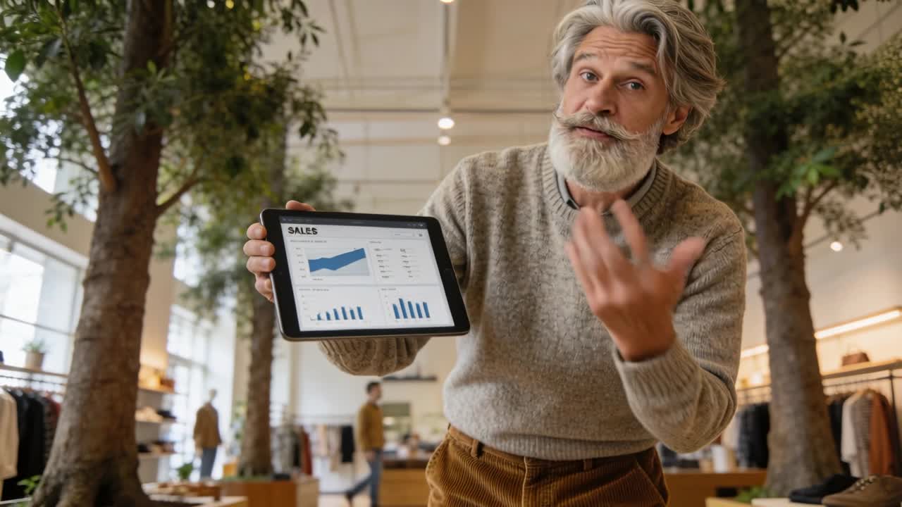 Dirigente senior che, chinandosi leggermente, presenta grafici di vendita su tablet in una boutique, indossando un capo in maglia beige.