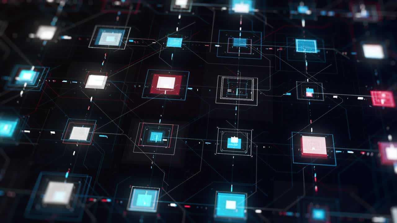 placa de circuito de computadora de alta tecnología con muchas señales que fluyen rápidamente en fondo negro. animación. animación microcircuito abstracto con detalles pulsantes de forma cuadrada colorida