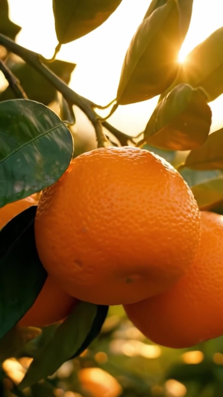Agrumi dorati bagnati dalla luce del sole, che mostrano le succose arance che crescono su foglie verdi vibranti in un sereno ambiente di frutteto.