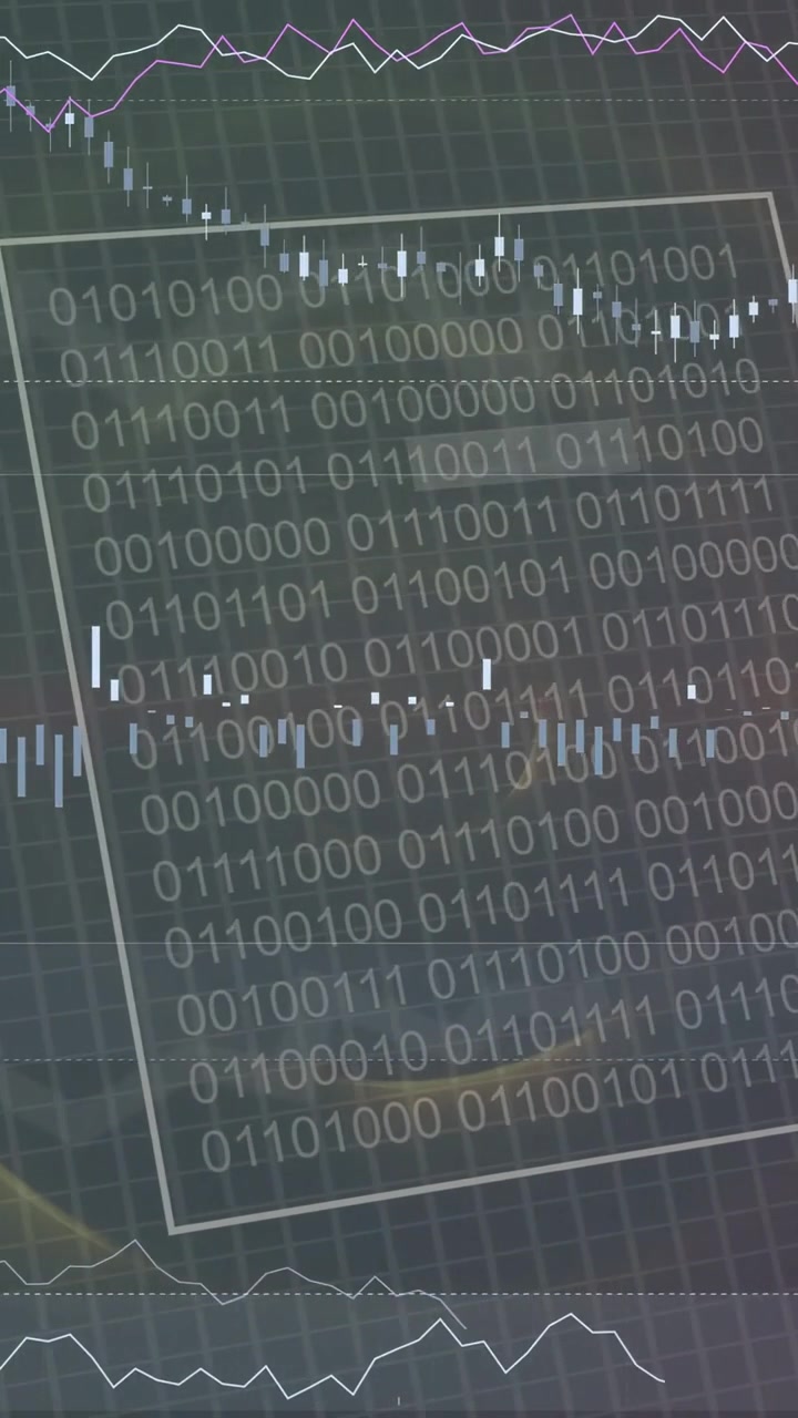 Vertical video: On feed dashboard animating charts rolling digits sliding binary panel for analysis