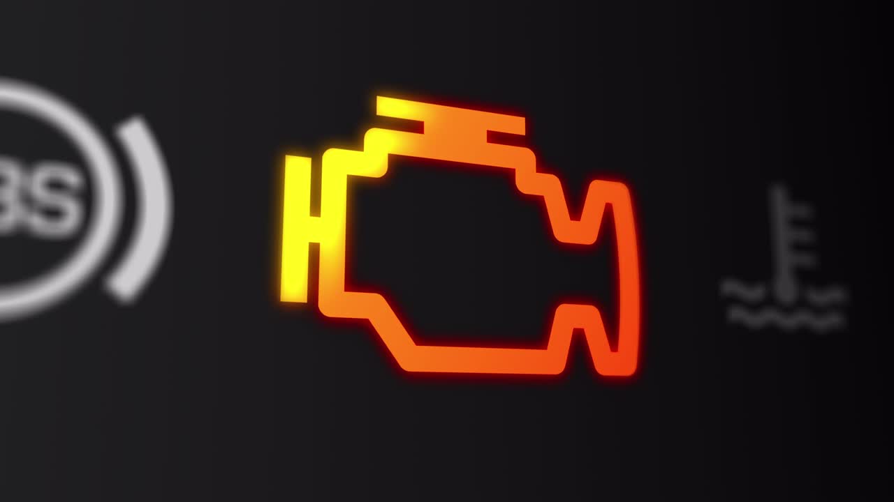 приборная панель автомобиля с предупреждением о проверке двигателя.