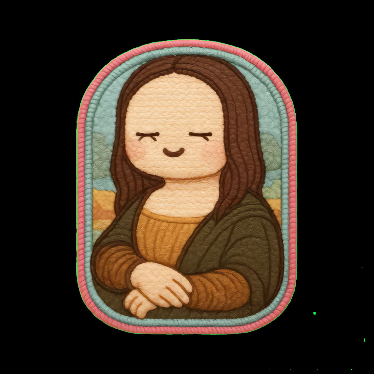 Cute embroidered Mona Lisa design animation isolated asset, transparent 4K video, alpha channel