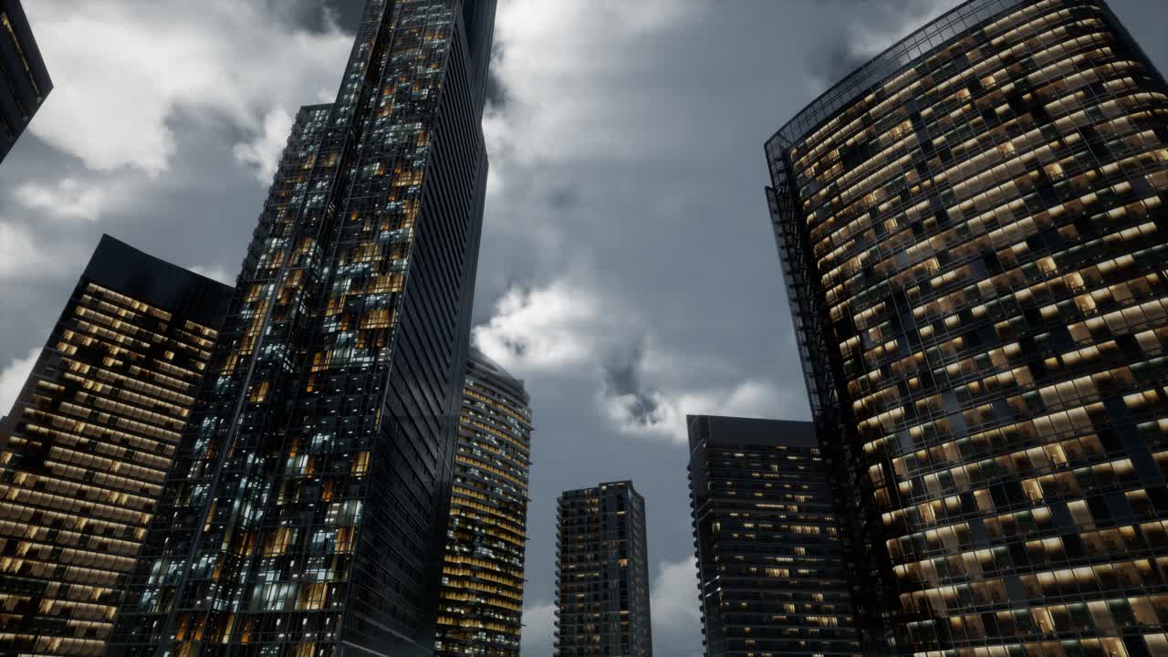 edificios de oficinas de rascacielos de vidrio con cielo oscuro