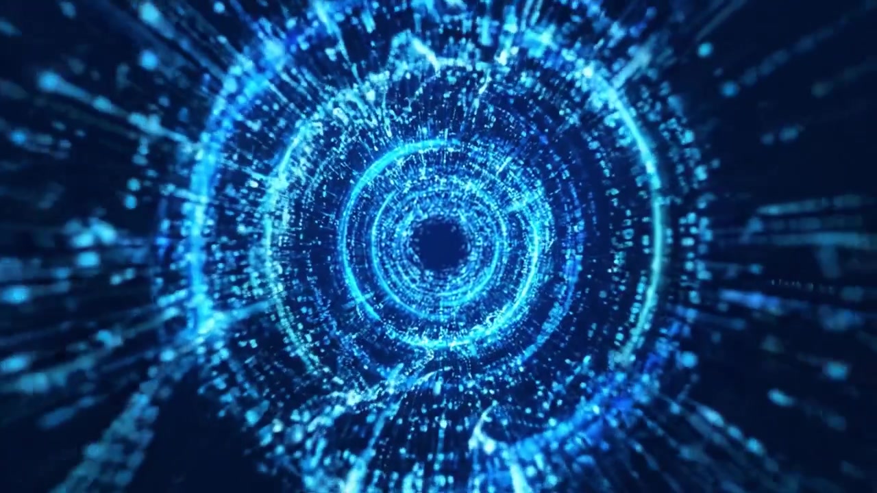 A mesmerizing journey through a digital vortex, showcasing swirling patterns of glowing blue particles that create an immersive experience of depth and motion.