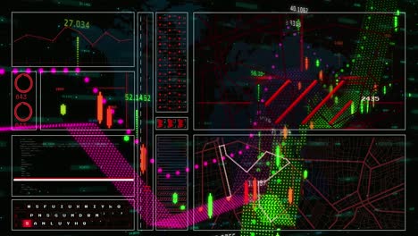 Animation-of-interface-with-financial-data-processing-over-world-map-against-black-background