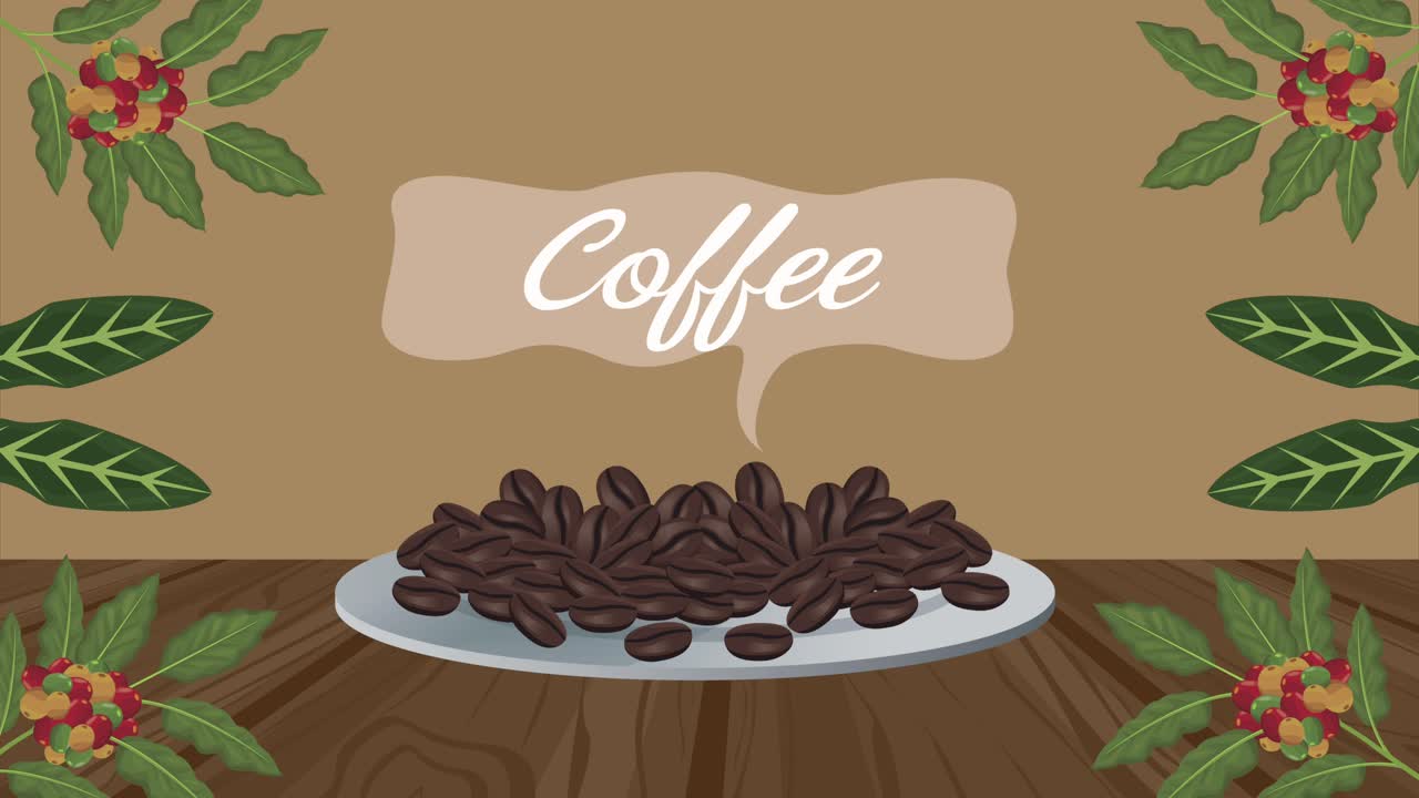 letras de café en burbuja de habla con semillas en el plato