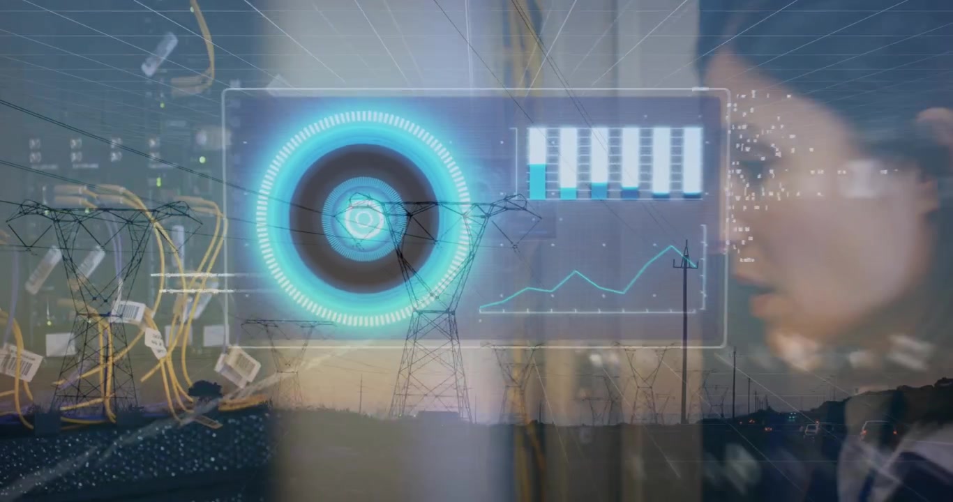 Animation of data processing and caucasian woman checking servers over electricity poles at sunset