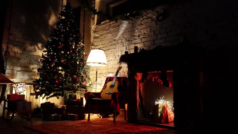 new year's interior at evening time with big beautiful fir and fire place next to it in loop footage