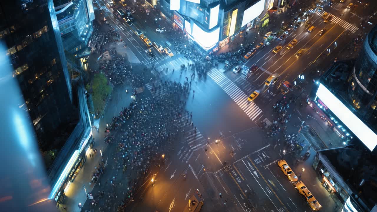 Bustling Intersection at Night: Aerial View of a Large Crowd Gathering in the Heart of a City with Bright Lights and Traffic Flowing in Multiple Directions