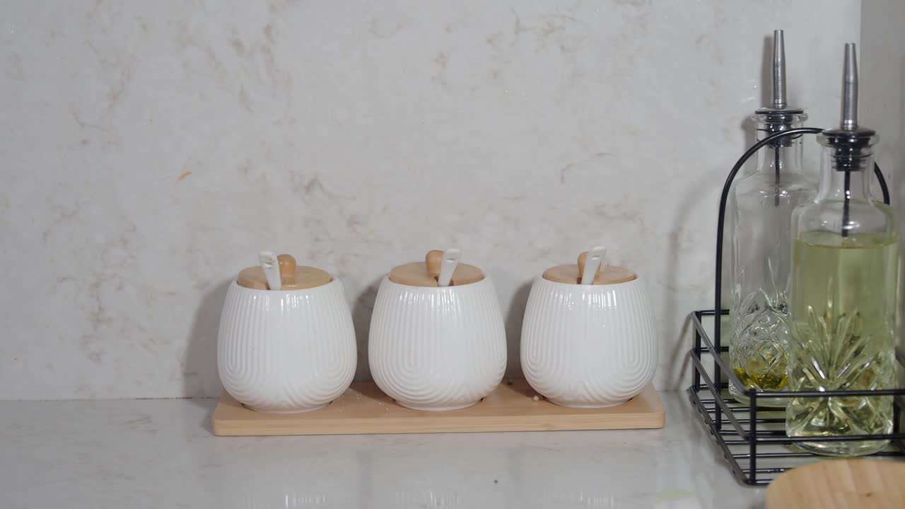 Kitchen Counter with Spices and Condiments