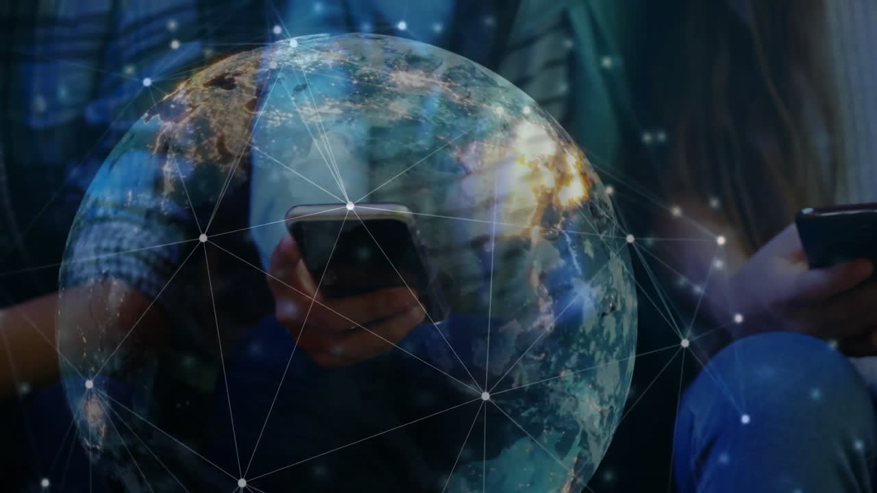 Using smartphones, people connecting through digital network animation