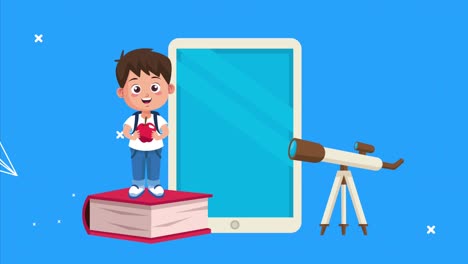 pequeño personaje de animación escolar con teléfono inteligente y telescopio