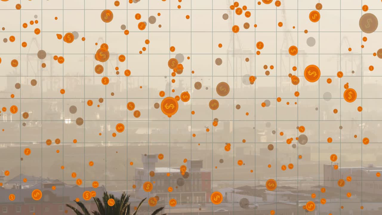 도시 풍경 위에 동전의 애니메이션
