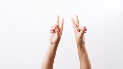 hand showing two thumbs up scissors victory chroma key isolated on a white studio background with copy space for place a text for advertisement