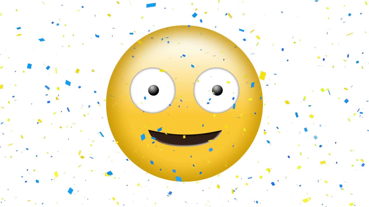 animación del icono de emoji feliz sobre el confeti que cae
