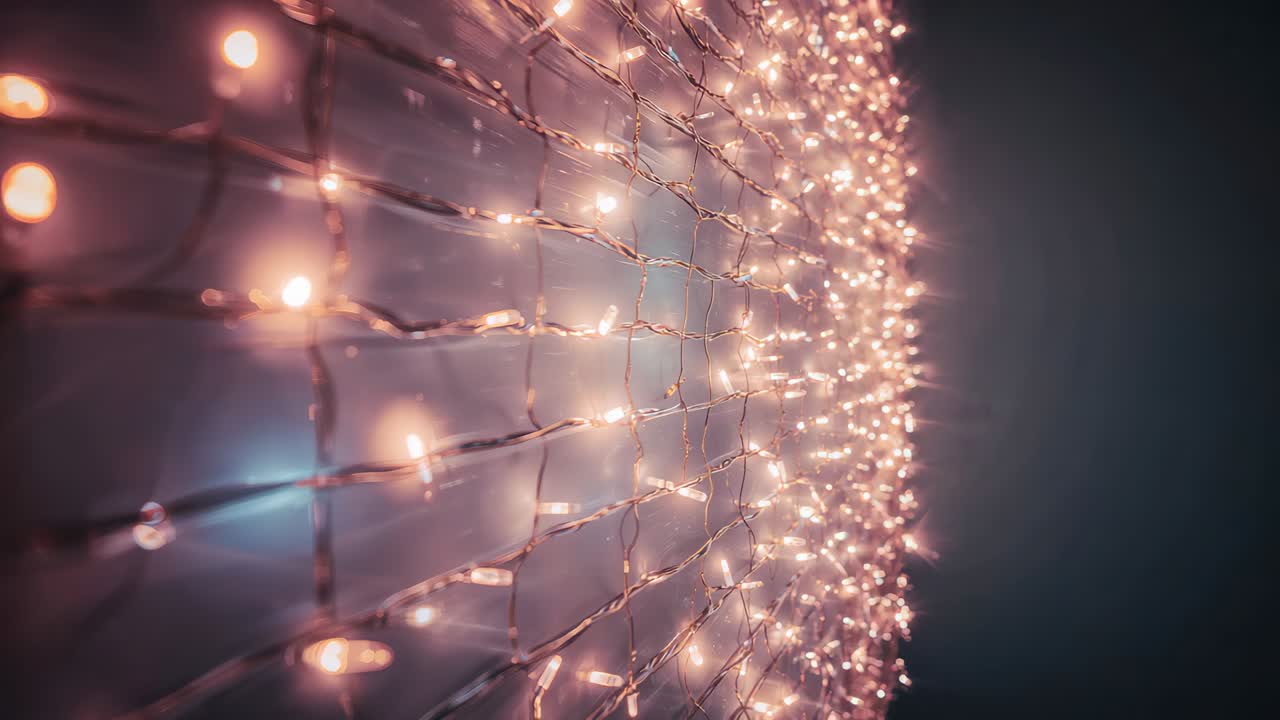 Shifting camera revealing warm white LED net in studio, emphasizing denser bulb cluster and wiring