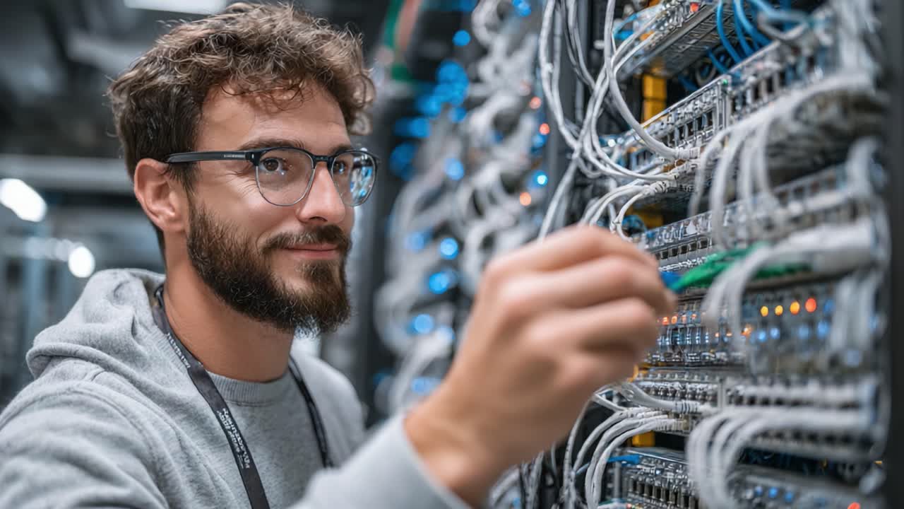 Technician Analyzing Network Connections in a Server Room, Ensuring Optimal Performance and Troubleshooting Complex Systems with Precision and Expertise