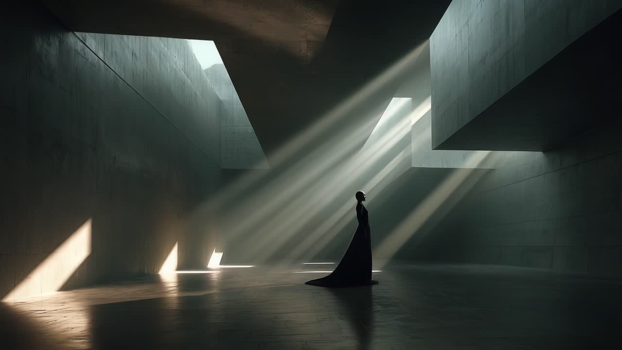 A mesmerizing scene showcasing a lone figure standing in an expansive, minimalist space, illuminated by ethereal rays of sunlight streaming through angular architectural forms